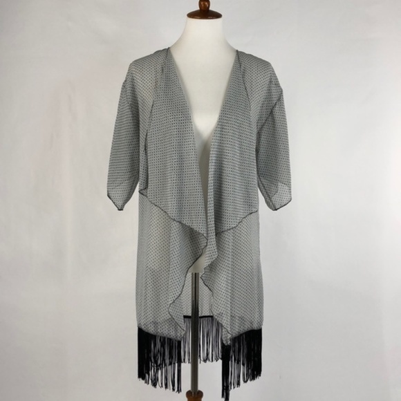 Lu Tops - LuLaRoe Gray & Black Fringe Kimono, Small
